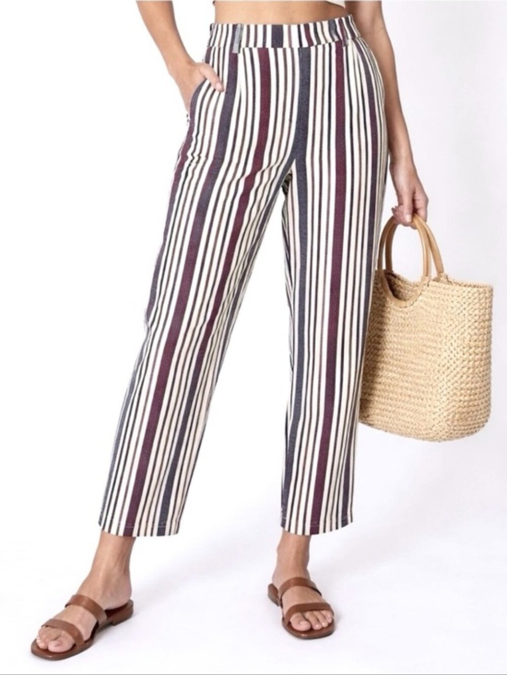 FREE PEOPLE Mod Striped Linen Blend Straight Leg Pants Cropped Length Size 10